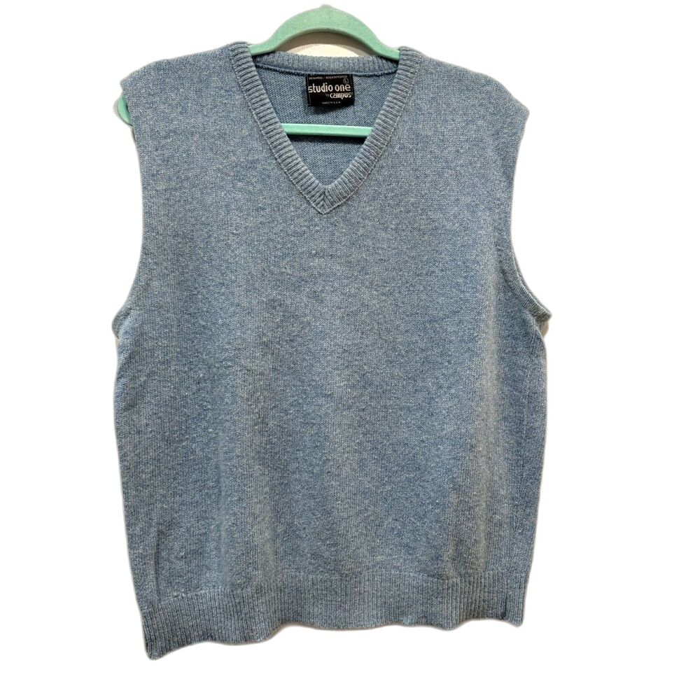 Vintage Sweater Vest Wool Blend V-Neck Blue Grandpacore Heritage Men Sz Large